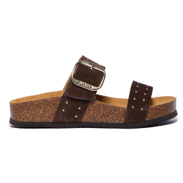 Brown Plakton CP Claire sandal with two suede straps, one featuring a large bronze buckle, cork and Memory Foam footbed, and a black lightweight sole.